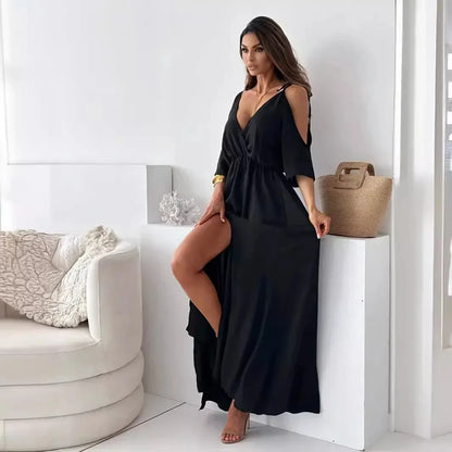 Vestido Sahara™ em Viscose Fluida com Ombros Vazados / Sensualidade, Mistério, Calor e Estilo Atemporal!