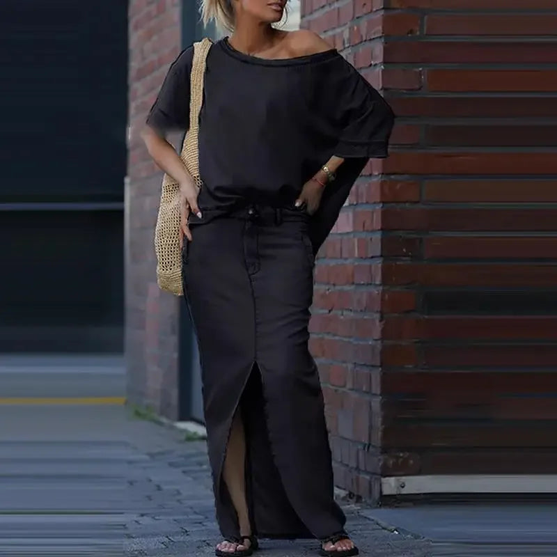 Conjunto Capri Bleu™ com Blusa Assimétrica  e Saia em Jeans Leve