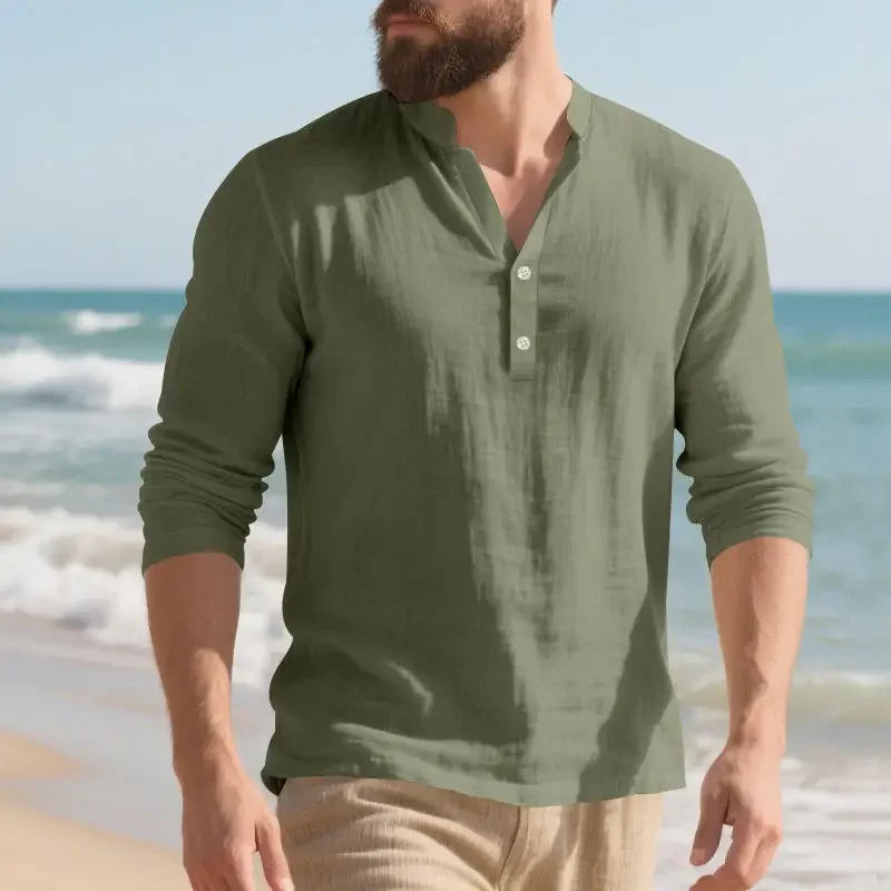 Camisa Orvian™ em Linho Premium com Gola Henley minimalista