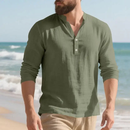 Camisa Orvian™ em Linho Premium com Gola Henley minimalista