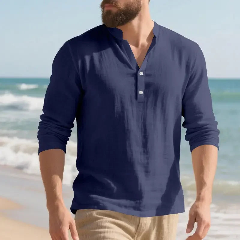 Camisa Orvian™ em Linho Premium com Gola Henley minimalista