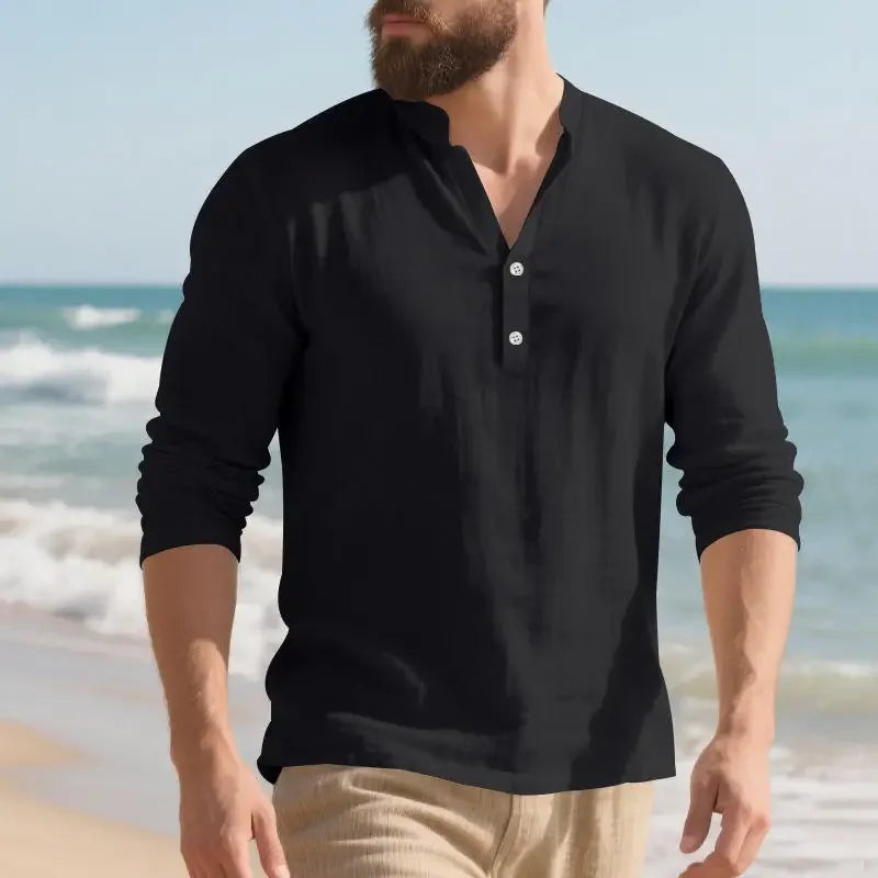 Camisa Orvian™ em Linho Premium com Gola Henley minimalista