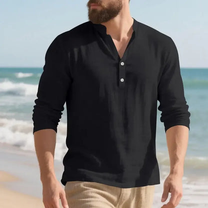 Camisa Orvian™ em Linho Premium com Gola Henley minimalista