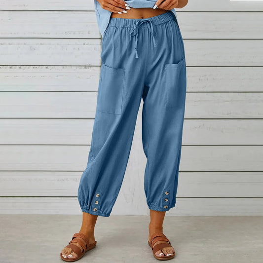 [COMPRE 1 E LEVE 2] Calça Kobe™ em Linho de Algodão com Bolsos Frontais e Cordão Ajustável