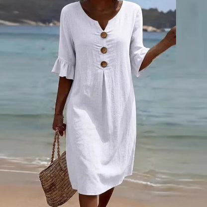 Vestido Liora™ em Linho de Algodão com Botões Frontais e Caimento Leve