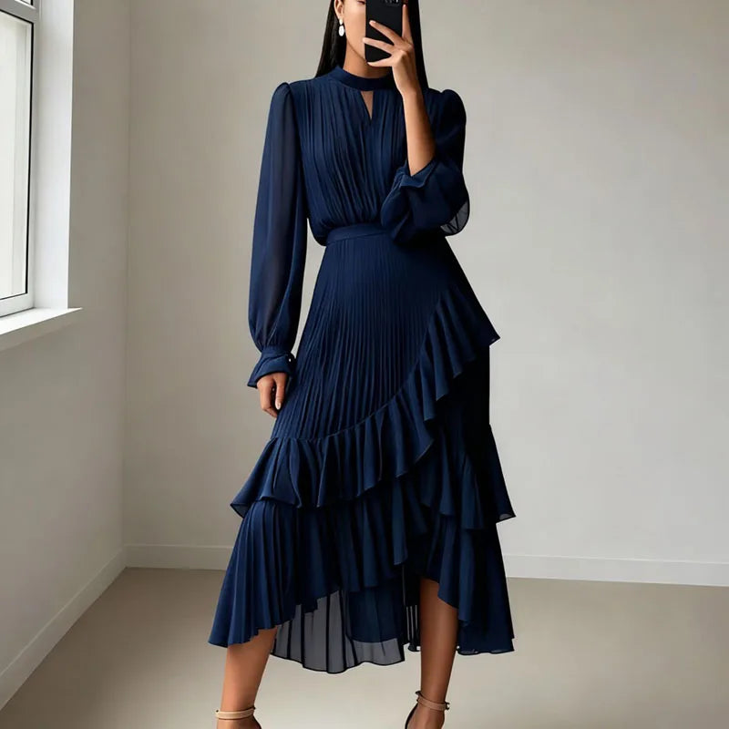 Vestido Lioren™ com Plissado Sofisticado e Babados Assimétricos