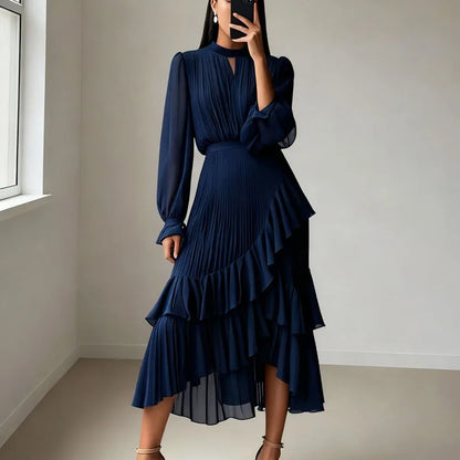 Vestido Lioren™ com Plissado Sofisticado e Babados Assimétricos