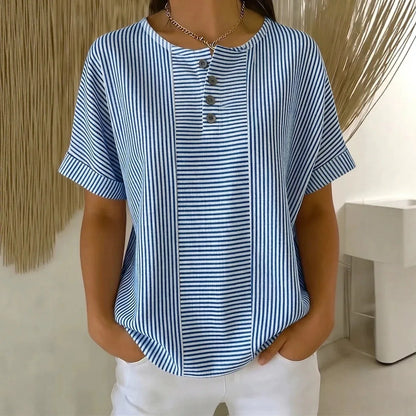 Blusa Euddora™ Com Listras Delicadas e Botões Frontais