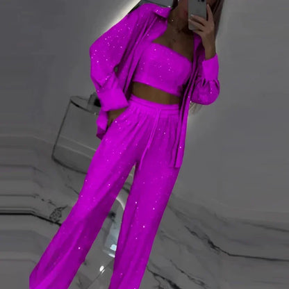Conjunto Midnight™ com Pantalona, Top e Camisa Brilhante / O Glamour Moderno em Movimento!