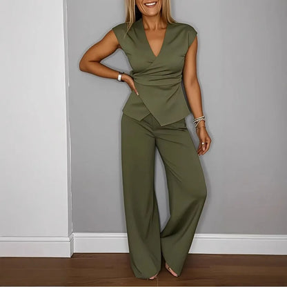 Conjunto Valerisse™ com Blusa Transpassada e Calça Pantalona