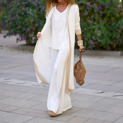 Conjunto Seravelle™ com Cardigan Longo, Blusa de Decote em V e Calça Pantalona / Três Peças Para Um Visual Completo e Refinado