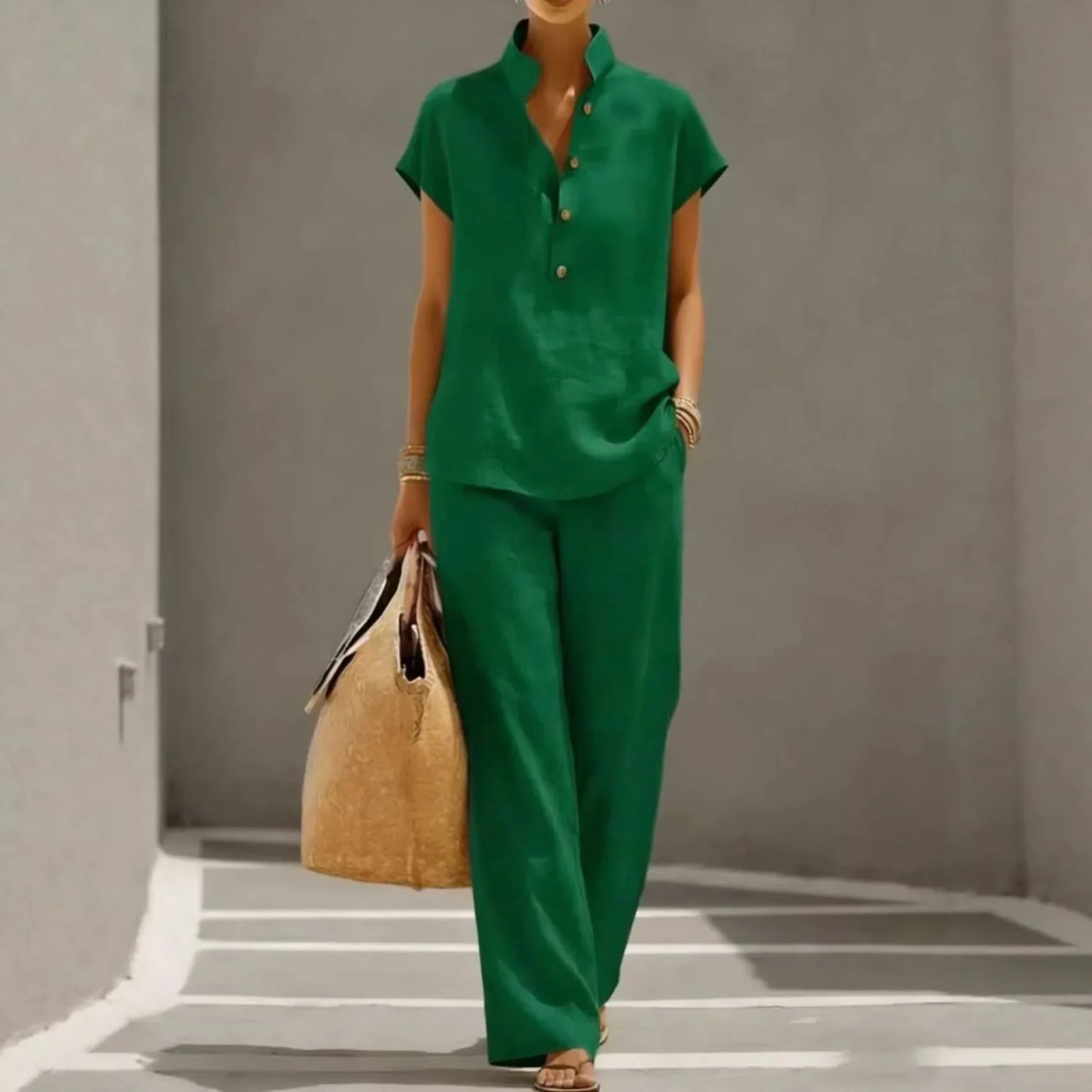 Conjunto Marelisse™ em Linho de Algodão Com Blusa Solta e Pantalona Fluida
