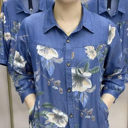 Camisa Jeans Floral Carmen™ - Elegância Floral com Um Toque de Vintage para Primavera e Verão!