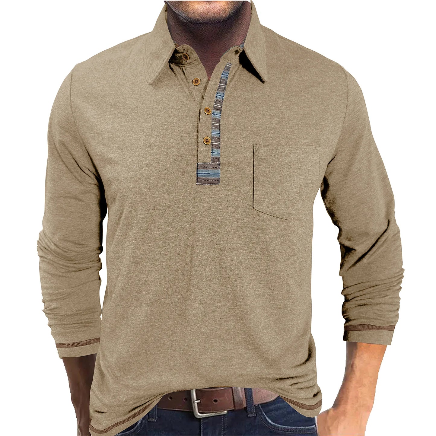 Camisa Manga Longa Bellford™ com Gola Polo em Contraste e Caimento Ajustado