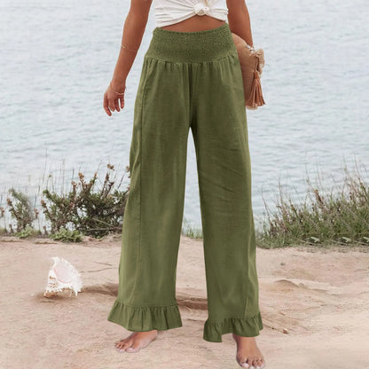 Calça Amaris™ em Linho com Algodão, Cintura Alta Modeladora e Babados Delicados