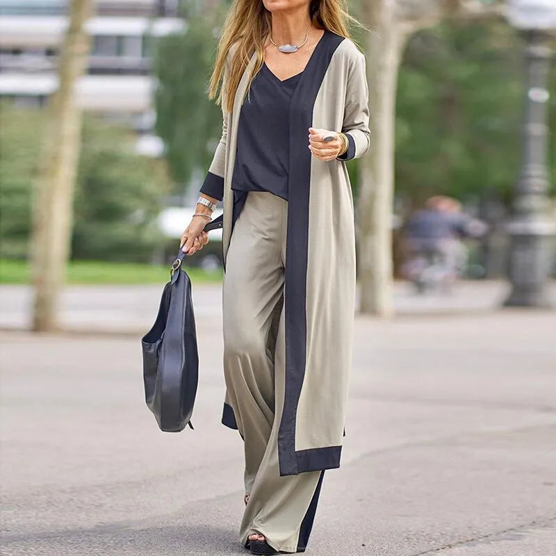 Conjunto Seravelle™ com Cardigan Longo, Blusa de Decote em V e Calça Pantalona / Três Peças Para Um Visual Completo e Refinado