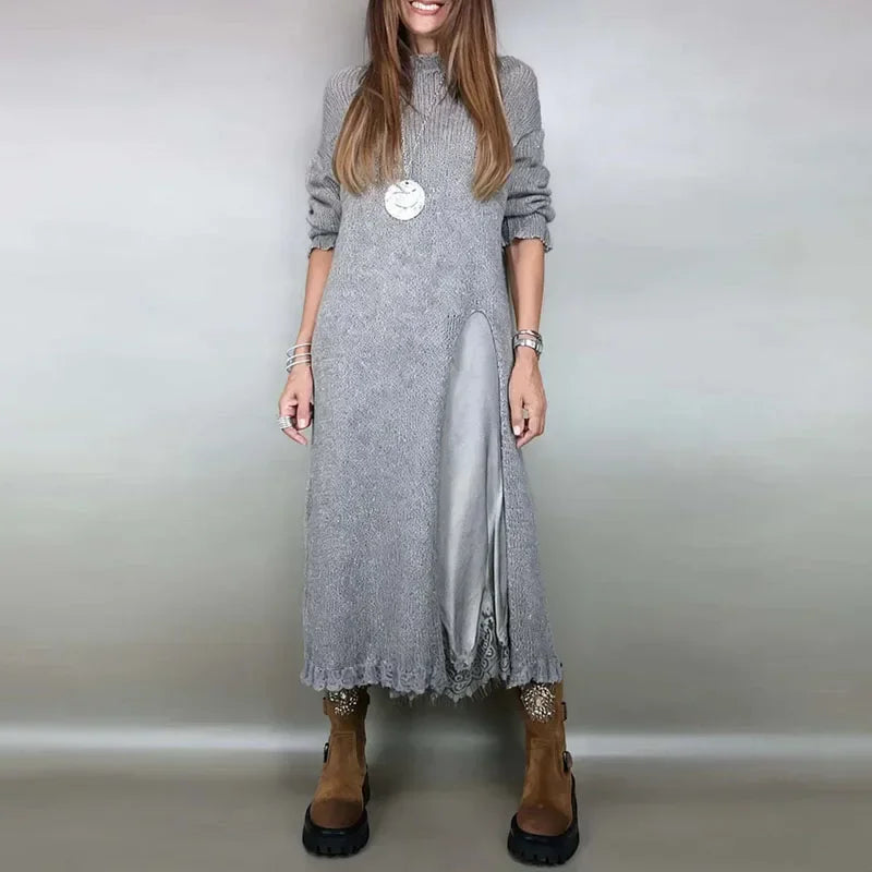 Conjunto Valérie™ de Vestido Acetinado com Babados e Sobreposição Longa com Fenda