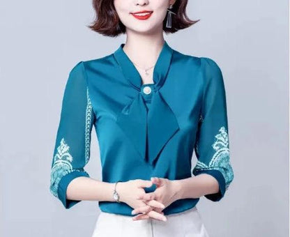 Blusinha Adele™ Em Chiffon com Laço - Elegância da Moda Urbana na Primavera e Verão de 2024.