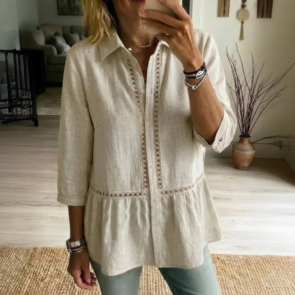 Camisa Fiorelly™ Com Gola Clássica, Detalhes Vazados E Barra Ampla / Leveza Com Toque Artesanal