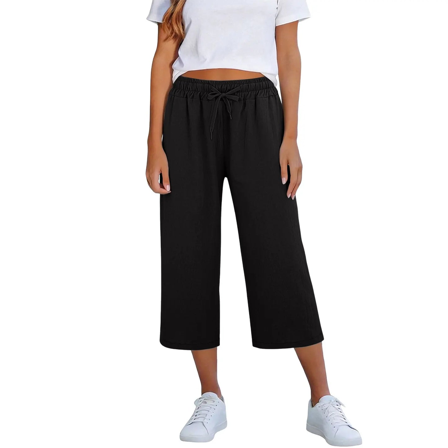 Calça Lisia™ Pantacourt em Linho de Algodão com Cintura Elástica e Cordão Ajustável / Conforto Leve Para Usar Todos Os Dias!
