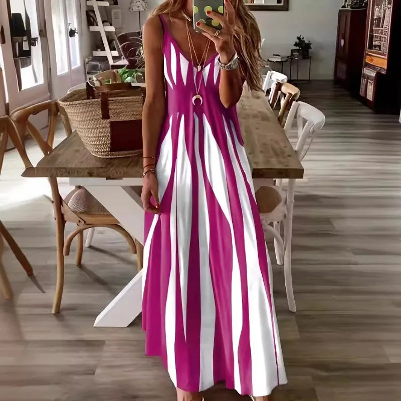 Vestido Calenna™ com Listras Verticais e Decote V