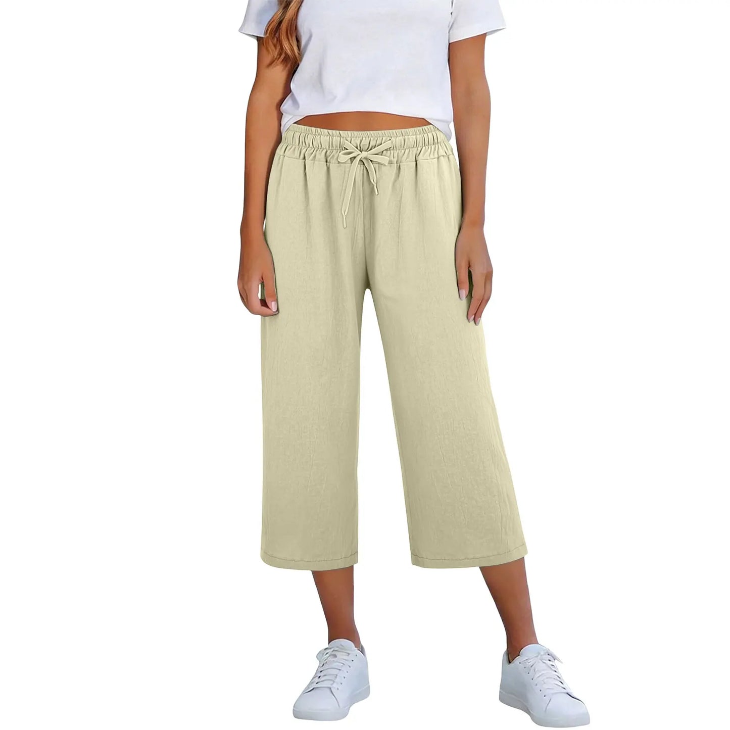 Calça Lisia™ Pantacourt em Linho de Algodão com Cintura Elástica e Cordão Ajustável / Conforto Leve Para Usar Todos Os Dias!