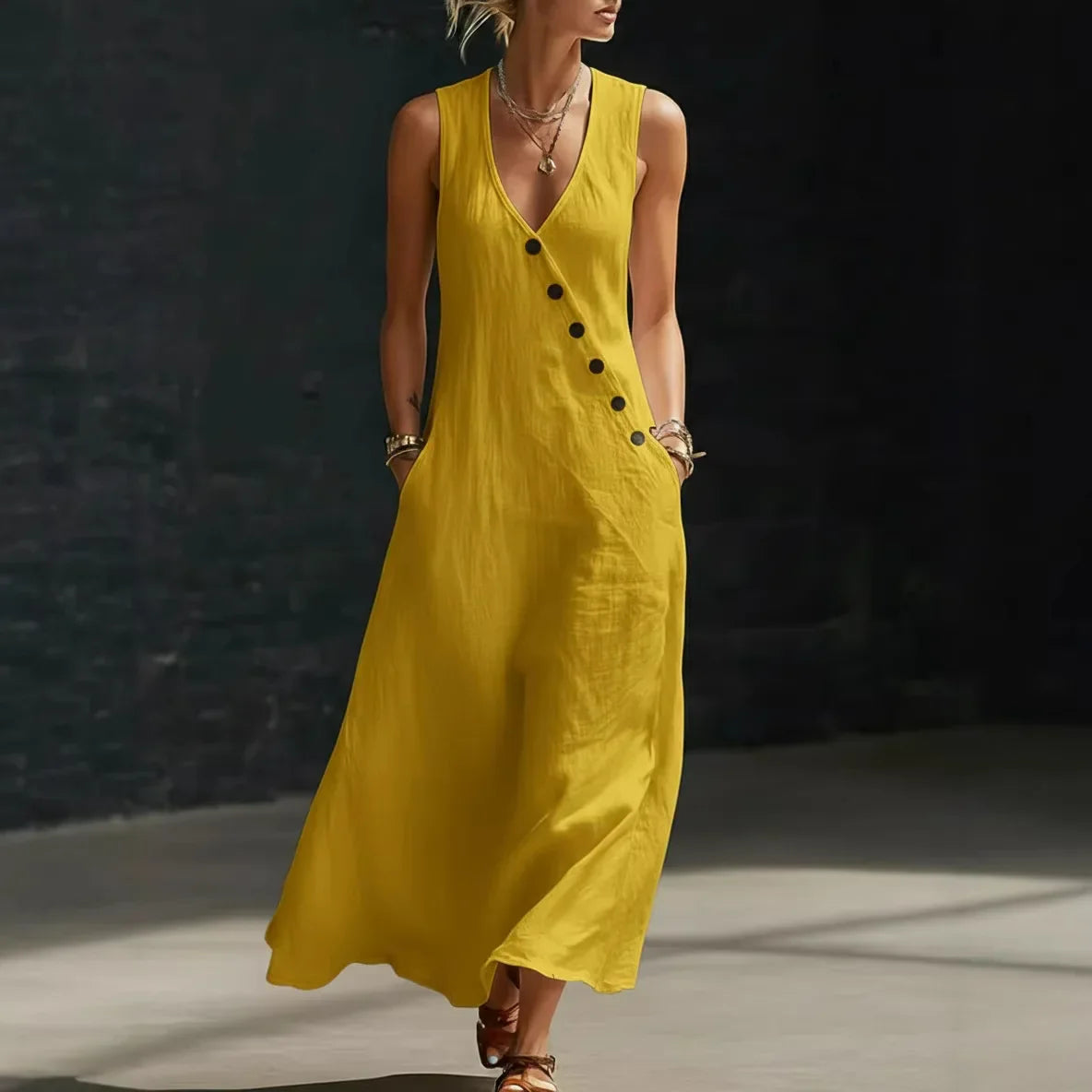 Vestido Midi Antonella™ com Botões Elegantes e Decote em V