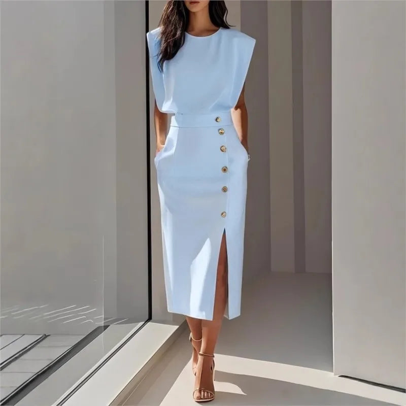 Vestido Maelle™ Midi com Ombros Estruturados, Botões Chiques e Fenda Frontal / Presença Elegante Para Ocasiões Marcantes