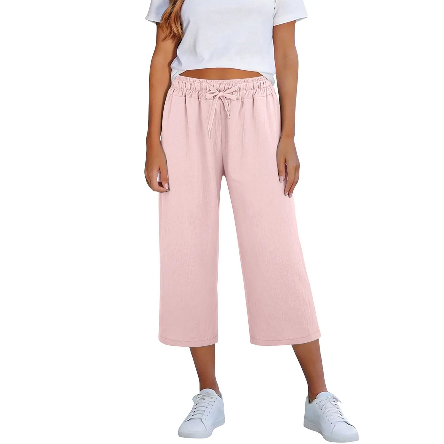 Calça Lisia™ Pantacourt em Linho de Algodão com Cintura Elástica e Cordão Ajustável / Conforto Leve Para Usar Todos Os Dias!