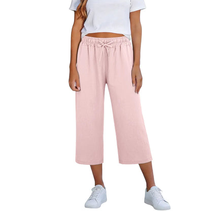 Calça Lisia™ Pantacourt em Linho de Algodão com Cintura Elástica e Cordão Ajustável / Conforto Leve Para Usar Todos Os Dias!