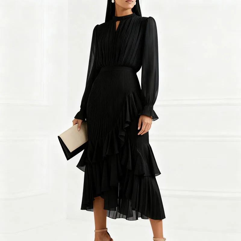 Vestido Lioren™ com Plissado Sofisticado e Babados Assimétricos