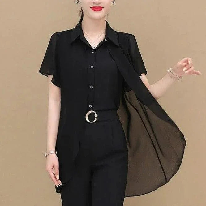 Conjunto Abravanel™ de Camisa com Cardigã Sobreposto + Calça Alfaiataria /  Elegância Atemporal para a Mulher Moderna!
