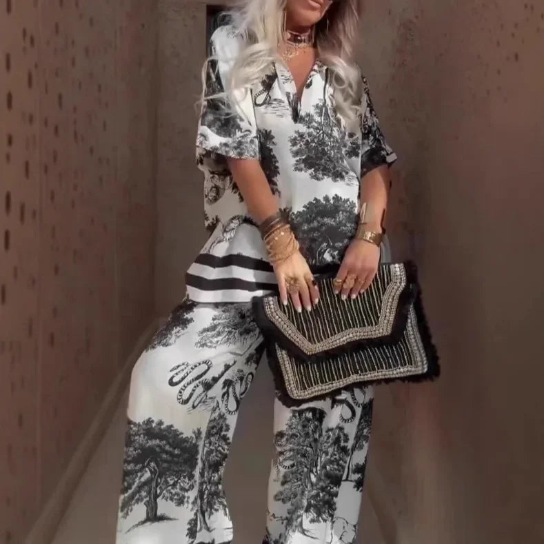 Conjunto Alhambra™ em Toque Acetinado com Camisa Overslim e Calça Palazzo / Arte, Conforto e Elegância em Dose Máxima!