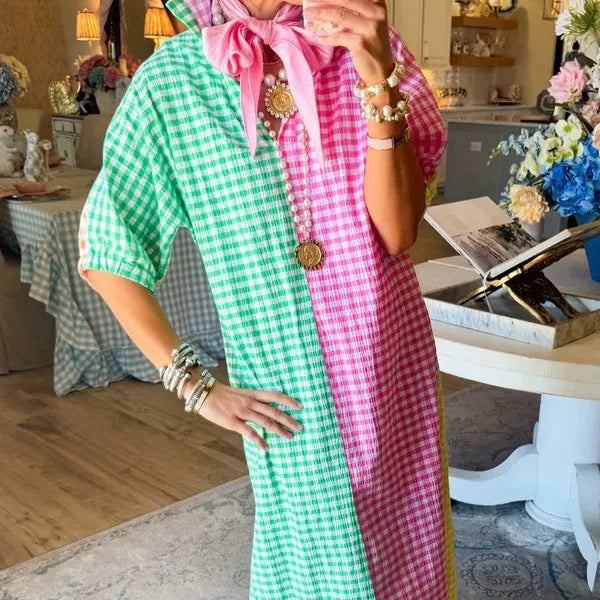 Vestido Colorie™ com Gola Camisa e Xadrez em Blocos