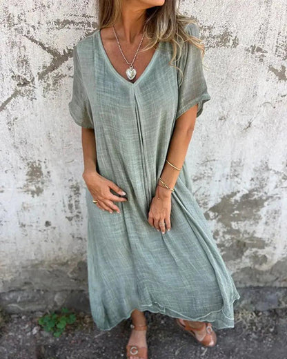 Vestido Serena™ com Caimento Solto e Gola V / Conforto Leve e Estilo Natural para Qualquer Ocasião!