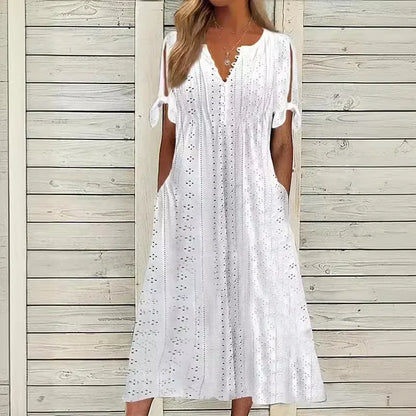 Vestido Mirielle™ com Bordado Artesanal Delicado e Mangas Laço / O Look Perfeito para Dias de Sol e Leveza!