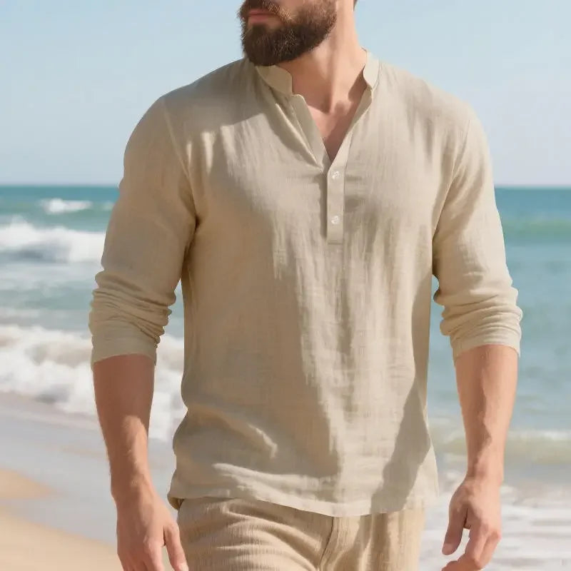 Camisa Orvian™ em Linho Premium com Gola Henley minimalista