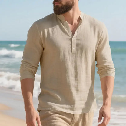 Camisa Orvian™ em Linho Premium com Gola Henley minimalista