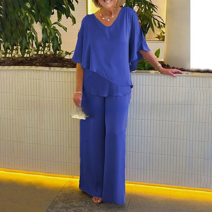 Conjunto Mirelly™ em Malha Premium com Blusa Assimétrica e Pantalona Elegante