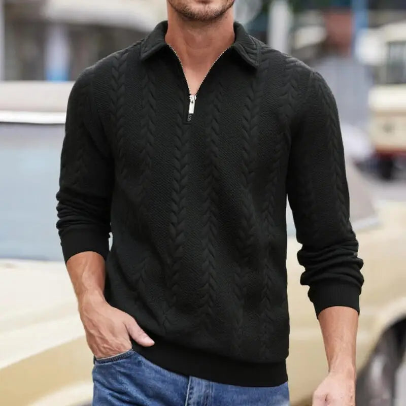 Suéter Carlisle™ em Malha Trançada Premium com Gola Polo e Zíper Metálico