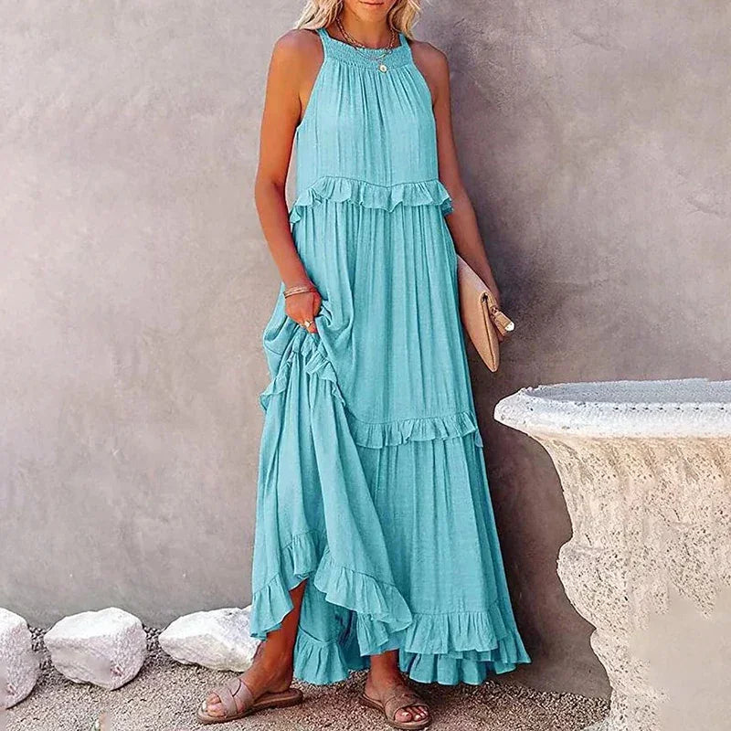 Vestido Brisa Costeira™ em Viscose Leve com Babados Evasê / Leveza e Sofisticação para Viver Seus Dias com Estilo!