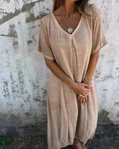 Vestido Serena™ com Caimento Solto e Gola V / Conforto Leve e Estilo Natural para Qualquer Ocasião!