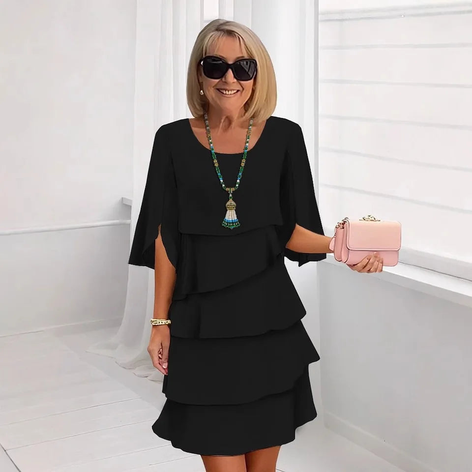 Vestido Midi Lara™ Saia em Camadas com Babados e Manga 3/4 Evasê com Fenda