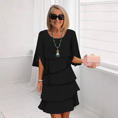 Vestido Midi Lara™ Saia em Camadas com Babados e Manga 3/4 Evasê com Fenda