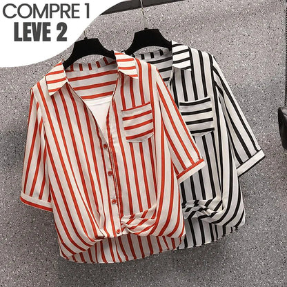 (Promoção Compre 1, Leve 2) Kit de Camisas Mirella: Listras Delicadas & Elegância em Dose Dupla!