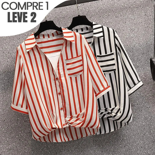 (Promoção Compre 1, Leve 2) Kit de Camisas Mirella: Listras Delicadas & Elegância em Dose Dupla!