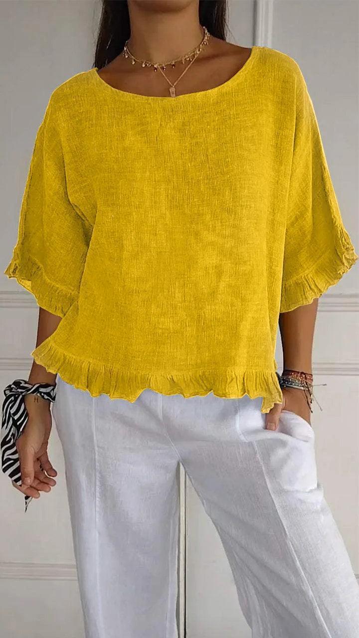 [BLACK FRIDAY - COMPRE 2 E LEVE 3] Blusinha Bellatriz™ com Babado e Caimento Solto em Algodão/ Conforto e Estilo para Mulheres Modernas!