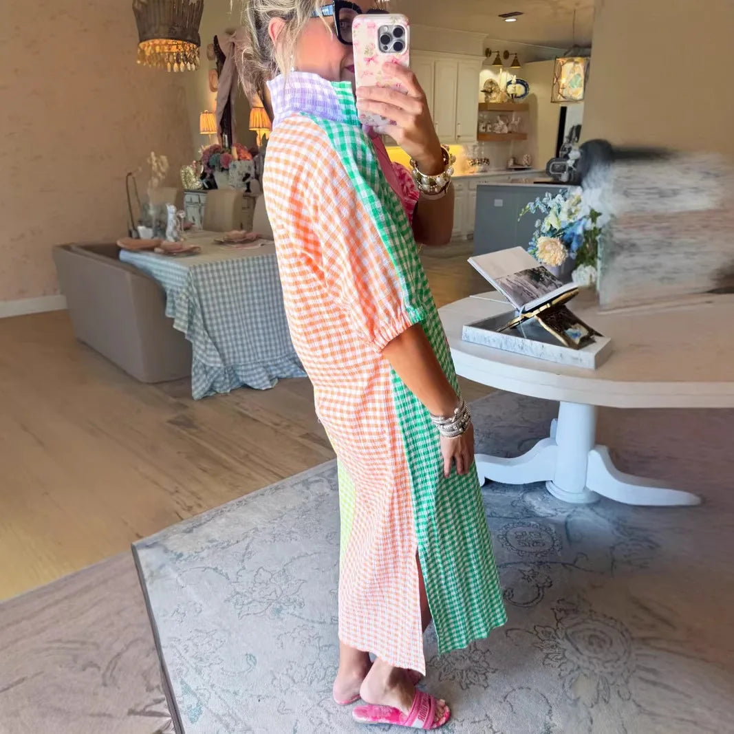Vestido Colorie™ com Gola Camisa e Xadrez em Blocos