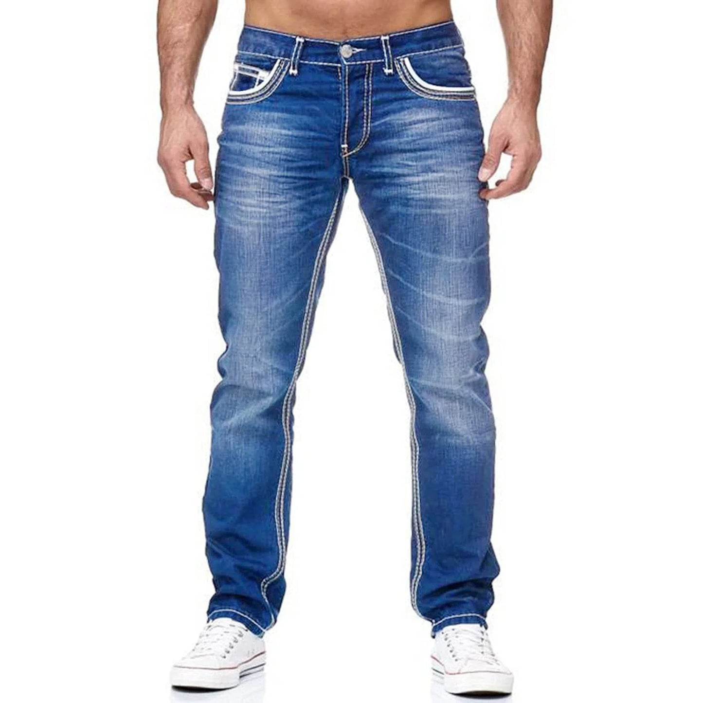 Calça Jeans Castelli™ Com Lavagem Estonada e Costuras Contrastantes / Presença Casual Com Atitude de Homem de Respeito
