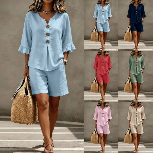 Conjunto Loraine™ em Linho de Algodão com Decote V e Bermuda de Caimento Solto